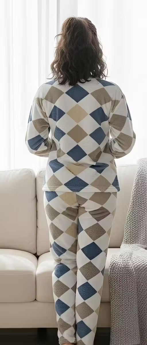 StyleNindia Women's Fuzzy Print Fleece Nightsuit Set | Cozy Winter Printed Night Suit for Ladies (Blue & Beige Argyle) - Image 3