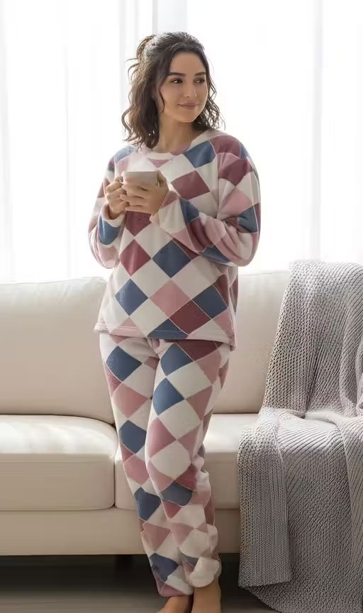 Trendy Quilted Look Warm Night Suit/Loungewear | Women's Cozy Print Fleece Night Suit Set | Winter Collection