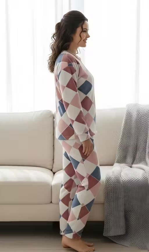 Trendy Quilted Look Warm Night Suit/Loungewear | Women's Cozy Print Fleece Night Suit Set | Winter Collection - Image 3