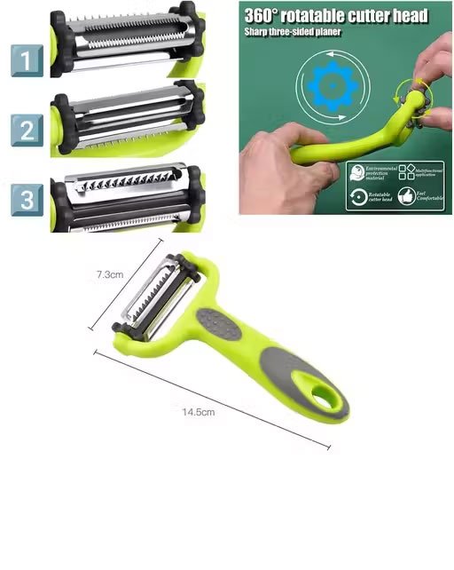 3 in 1 Rotary Multi-Functional Peeler for Vegetables & Fruits | Serrated + Straight + Julienne Blades | Stainless Steel Slicer with Anti-Slip Handle | Kitchen Tool - Image 2