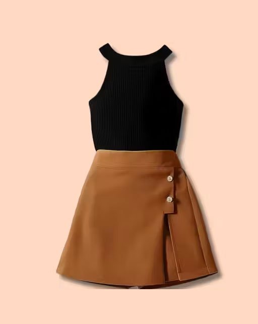 Stylish sleeveless black top paired with a light beige skirt perfect for a summer outing or casual brunch - Image 2