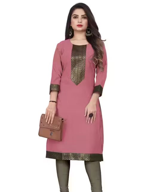 Desigener Kurtis New Collection Plain Cotton Golden Lace Border Pattern Casual Kurta for Girls & Women (Copy) - Image 3
