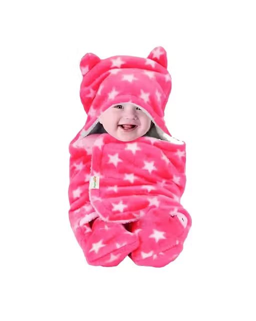 3-in-1 Fleece Hooded Baby Blanket Wrapper -Pack of 1 ( Star Pink ) | 0-6 Months | Sleeping Bag | Great Gift | Bath Towel