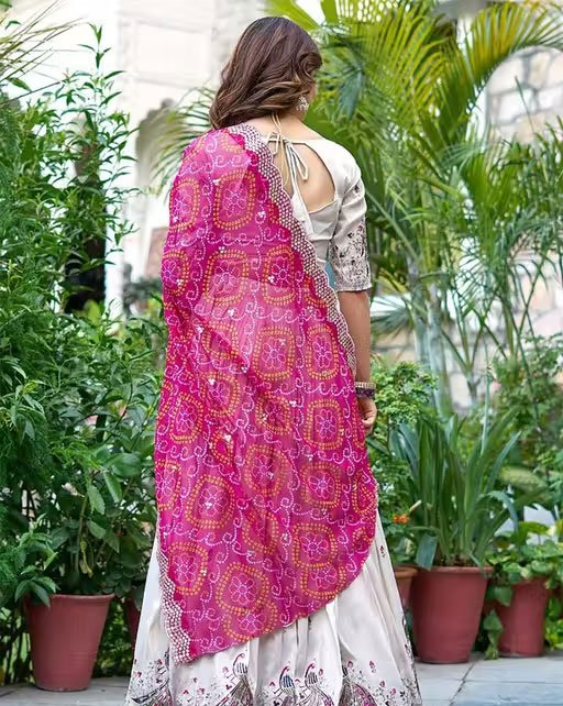 Women's Chinnon Sequins Embroidered Lehenga Choli With Bandhani Dupatta Set - Image 3