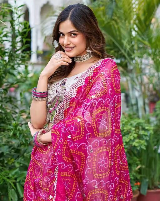 Women's Chinnon Sequins Embroidered Lehenga Choli With Bandhani Dupatta Set - Image 4