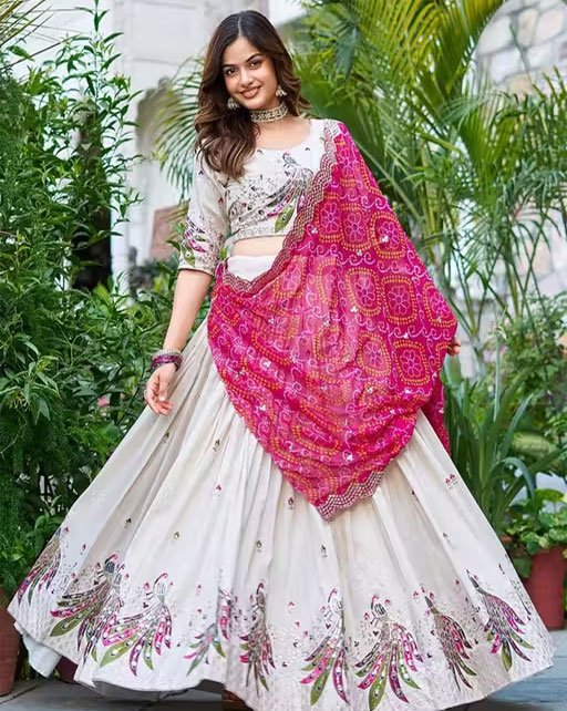 Women's Chinnon Sequins Embroidered Lehenga Choli With Bandhani Dupatta Set