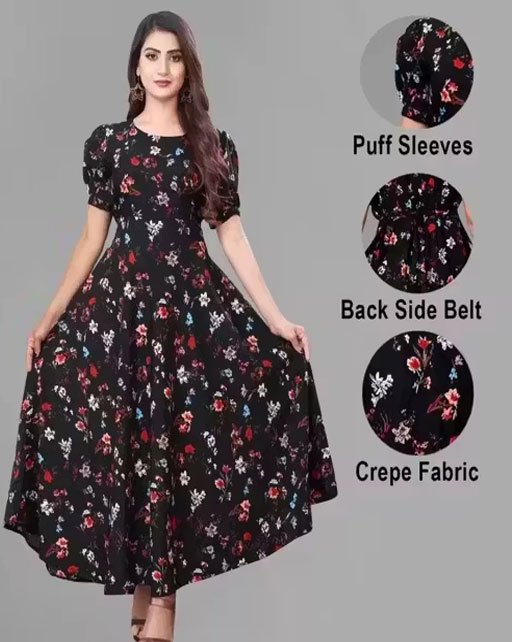 Women Western Wear Floral Print Puffed Sleeve Maxi Dress - Image 3