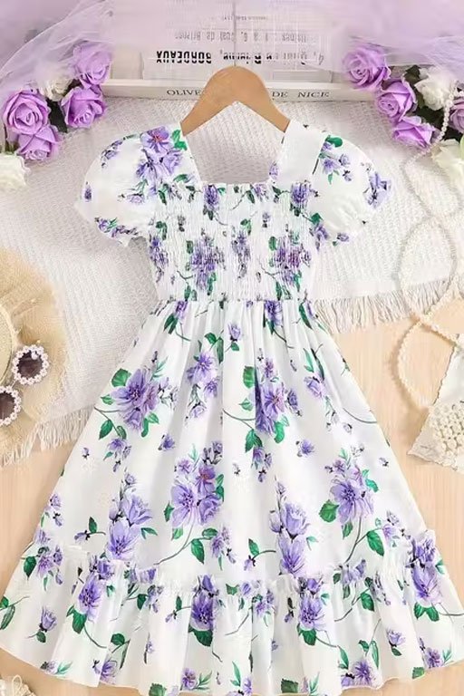 Floral Smocked Puff Sleeve Dress – Floral Print.
