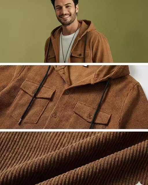 Men’s Premium Black Corduroy Hooded Shirt Jacket | Full Sleeve Button-Down Shacket with Chest Pockets | Stylish Casual & Winter Wear for Men - Image 3