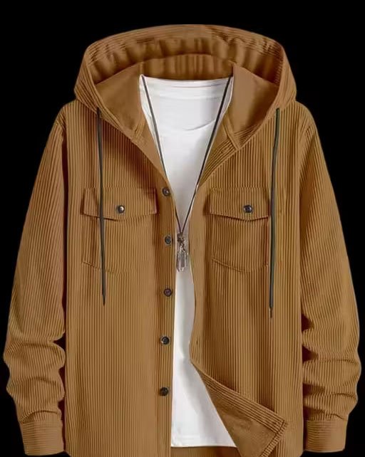 Men’s Premium Black Corduroy Hooded Shirt Jacket | Full Sleeve Button-Down Shacket with Chest Pockets | Stylish Casual & Winter Wear for Men
