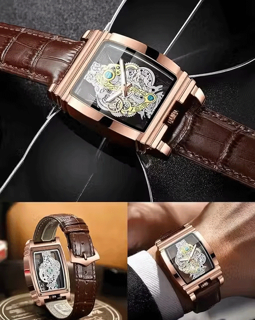 Men's Luxury Hollow Skeleton Watch Retro Gorgeous Gear Carving Design Rectangle Tonneau Large Dial Leather Belt & Stainless Steel Band Quartz Wristwatch Not Mechanical Watches - Image 2