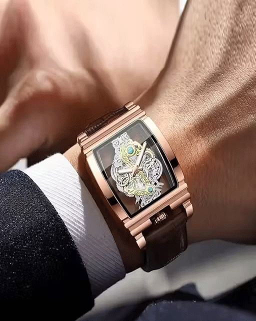 Men's Luxury Hollow Skeleton Watch Retro Gorgeous Gear Carving Design Rectangle Tonneau Large Dial Leather Belt & Stainless Steel Band Quartz Wristwatch Not Mechanical Watches - Image 3