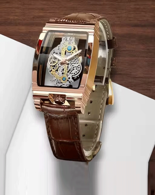 Men's Luxury Hollow Skeleton Watch Retro Gorgeous Gear Carving Design Rectangle Tonneau Large Dial Leather Belt & Stainless Steel Band Quartz Wristwatch Not Mechanical Watches
